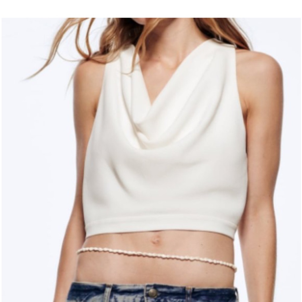 ZARA WHITE CREPE LINED DRAPED NECKLINE BLOUSE TOP